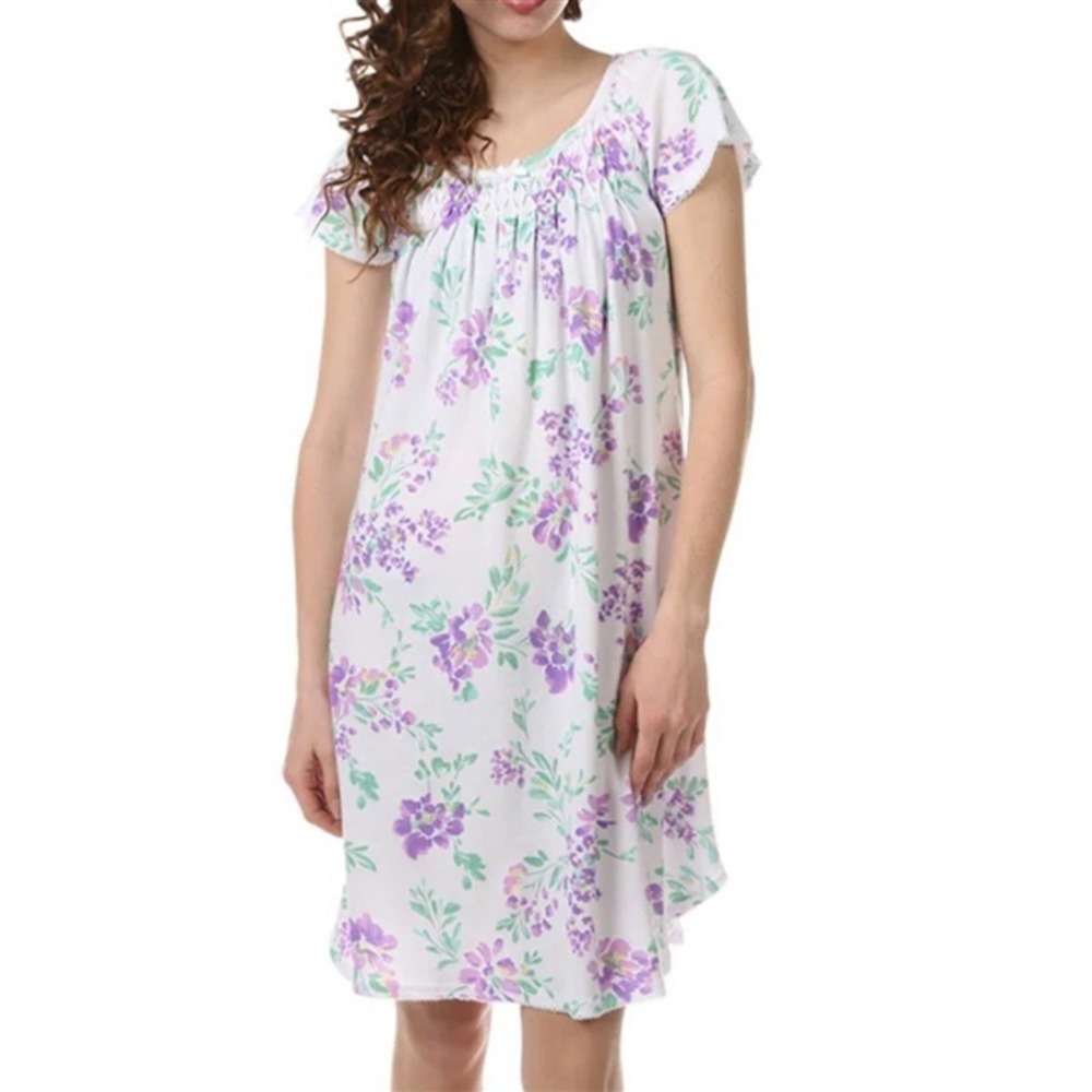 NWT Miss Elaine 2X Cottonessa Short Gown Floral Smocked Nightgown Violets 120026